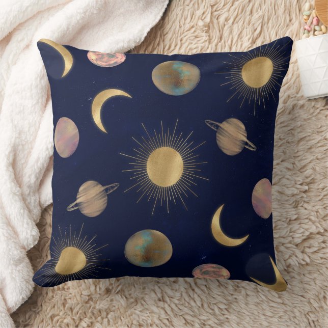 Blue Gold Sun Moon Planets Space illustration Cushion (Blanket)