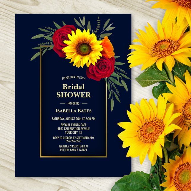 Blue Gold Sunflower Red Rose Bridal Shower Invitation (Creator Uploaded)