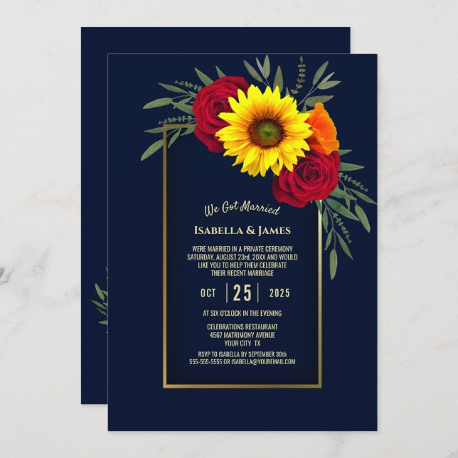 Blue Gold Sunflower Red Rose Wedding Reception Invitation (Front/Back)