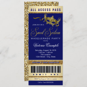 Blue Gold Sweet 16 Masquerade Party Ticket Invitation