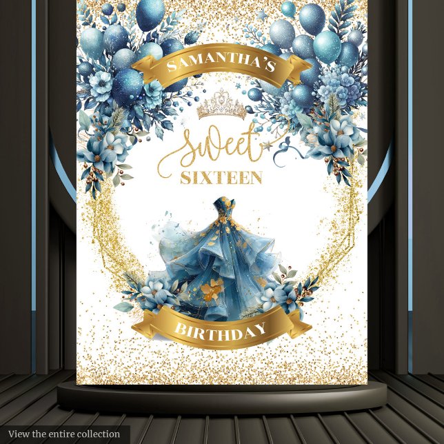 Blue Gold Sweet Sixteen Watercolor Dress Party  Tapestry (Blue Gold Sweet Sixteen Watercolor Dress Party Tapestry)