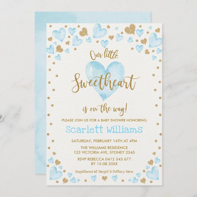 Blue Gold Sweetheart Valentines Boy Baby Shower Invitation (Front/Back)