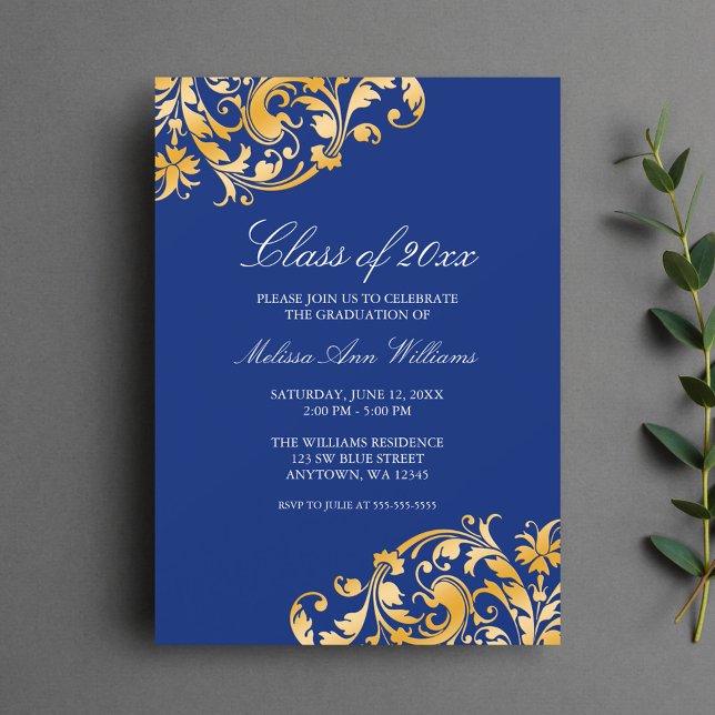 Blue Gold Swirl Graduation Party Invitation (Creator Uploaded)
