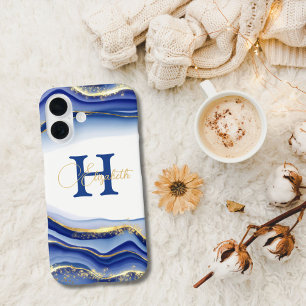 Blue Gold Swirl Pattern Monogram Name Initial  iPhone 16 Case