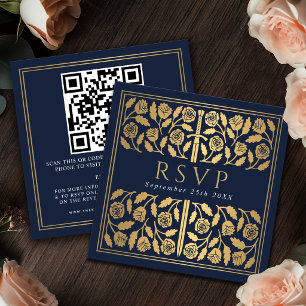 Blue Gold Sword Royal Wedding RSVP QR Code  Enclosure Card