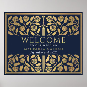 Blue Gold Sword Royal Wedding Welcome Sign