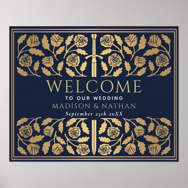 Blue Gold Sword Royal Wedding Welcome Sign (Front)