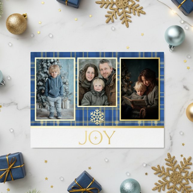Blue & Gold Tartan Plaid Christmas Joy Photo (Creator Uploaded)