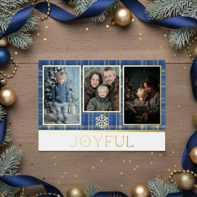 Blue & Gold Tartan Plaid Christmas Joyful Photo (Creator Uploaded)