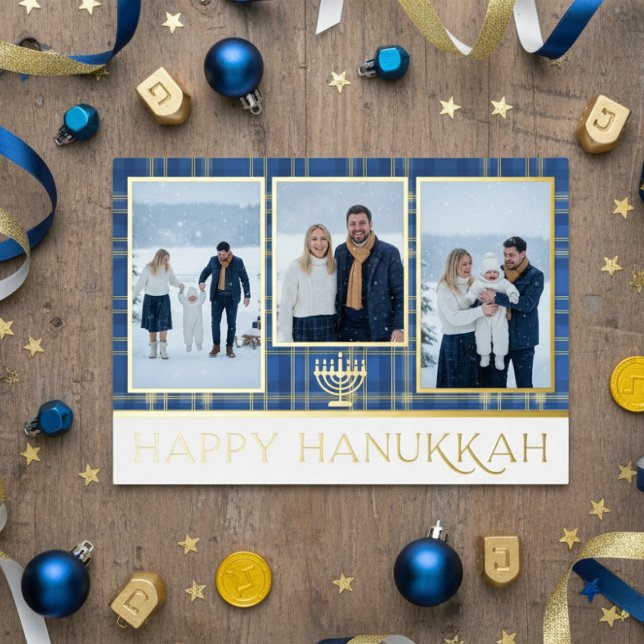 Blue & Gold Tartan Plaid Happy Hanukkah Photo (Creator Uploaded)