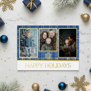 Blue & Gold Tartan Plaid Happy Holidays Photo