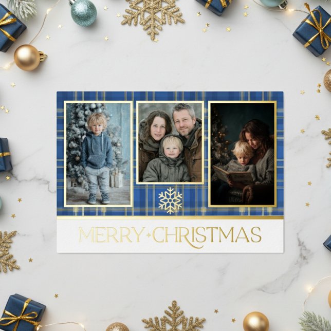 Blue & Gold Tartan Plaid Merry Christmas Photo (Creator Uploaded)