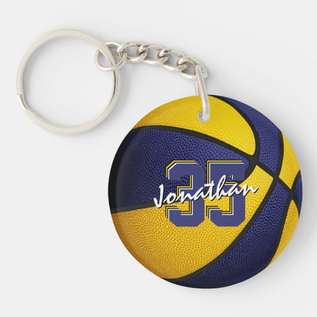 blue gold team colours boys girls basketball key ring (Front)