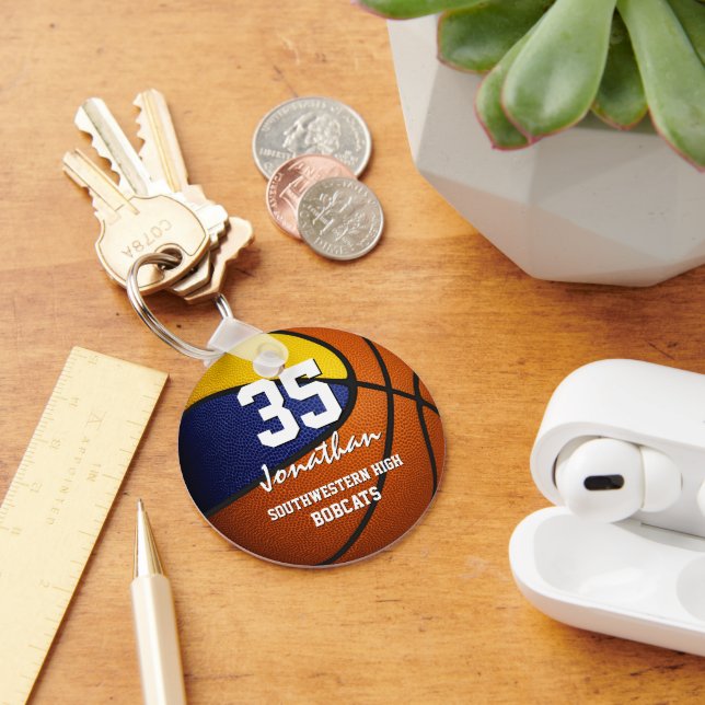 Blue gold team colours boys girls basketball key ring (Desk)