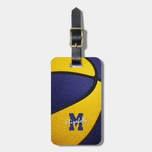 blue gold team colours monogrammed basketball luggage tag