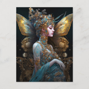 Blue Gold Techno Butterfly Woman Fantasy Art Postcard