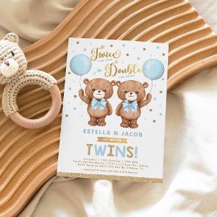 Blue Gold Teddy Bear Balloon Boy Twin Baby Shower Invitation