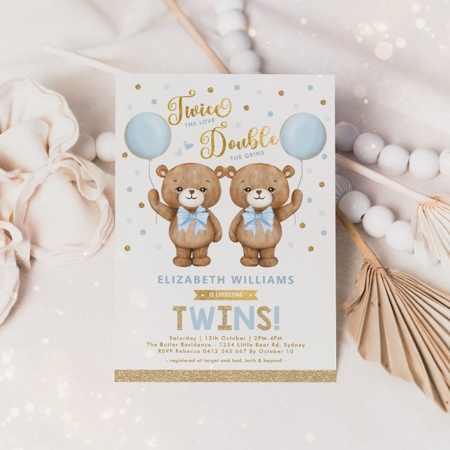 Blue Gold Teddy Bear Balloon Twin Boys Baby Shower Invitation (Creator Uploaded)