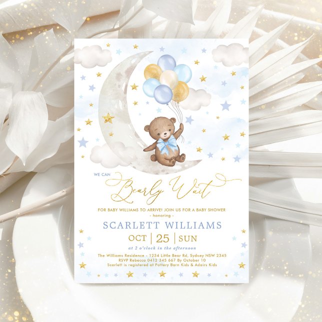 Blue Gold Teddy Bear Moon Stars Baby Boy Shower Invitation (Creator Uploaded)
