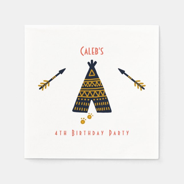 Blue & Gold Tepee Boho Any Age Birthday Party Napkin (Front)