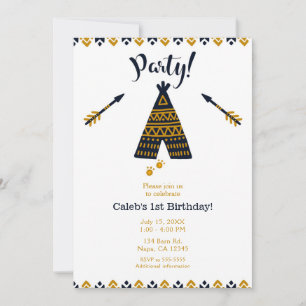 Blue & Gold Tepee Boho Modern Birthday Party Invitation