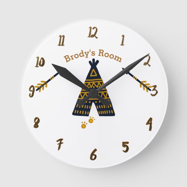 Blue & Gold Tepee Boho Rustic Personalised Name Round Clock (Front)