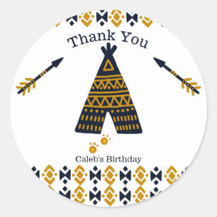 Blue & Gold Tepee Modern Birthday Party Favour Classic Round Sticker