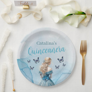 Blue & Gold Theme Quinceañera Paper Plate