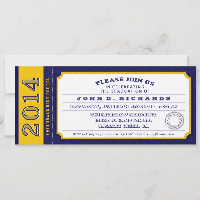 Blue & Gold Ticket Graduation Party Invitation (Front)