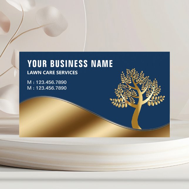 Blue Gold Tree Gardening Landscaping Lawn Care Business Card (Creator Uploaded)