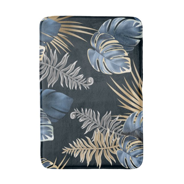 Blue Gold Tropical Palm Leaves Pattern Art Bath Mat (Front Vertical)