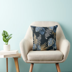 Blue Gold Tropical Palm Leaves Pattern Art Cushion