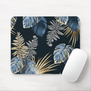 Blue Gold Tropical Palm Leaves Pattern Art Mouse Pad