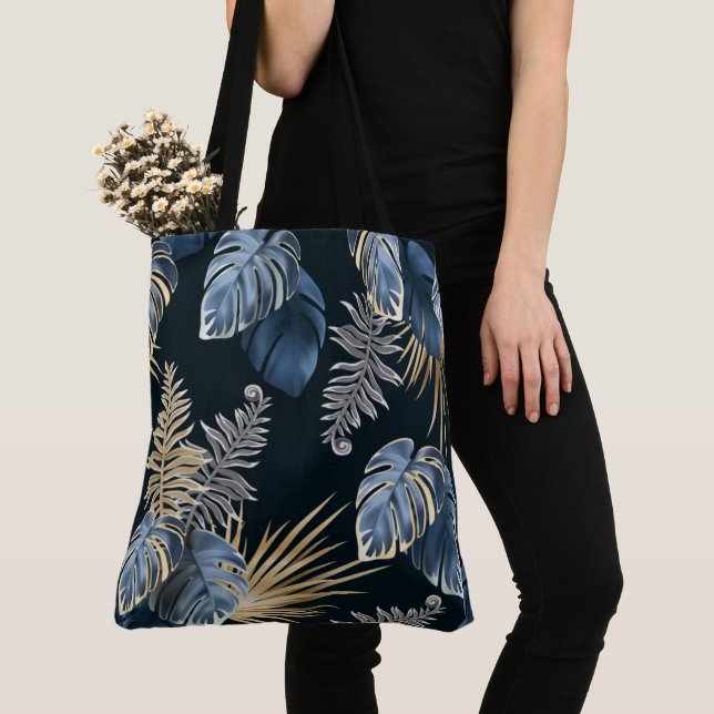 Blue Gold Tropical Palm Leaves Pattern Art Tote Bag (Close Up)