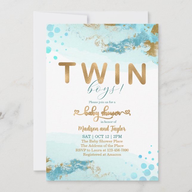 Blue Gold Twin Boy Baby Shower Invitation (Front)