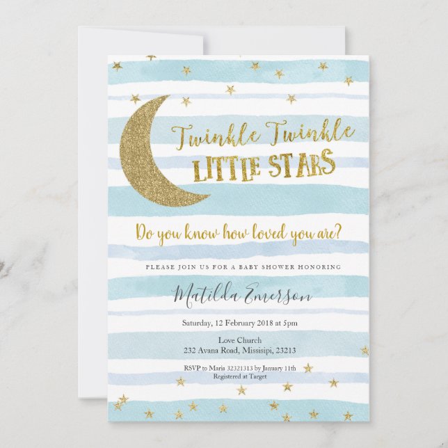 Blue Gold Twinkle Little Star Baby Shower Invitation (Front)