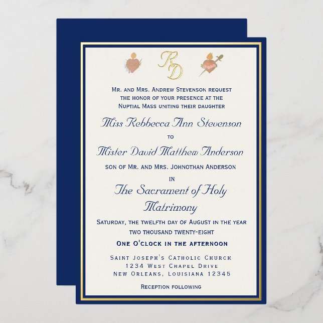 Blue & Gold Two Hearts Catholic Wedding Invitation (Front/Back)