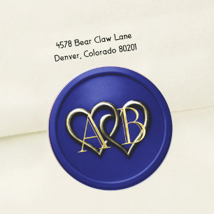 Blue Gold Two Hearts Gold Monogram Classic Round Sticker