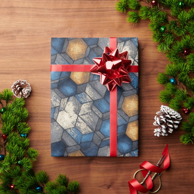 Blue & Gold Urban Hex Wrap Wrapping Paper (Holiday Gift)