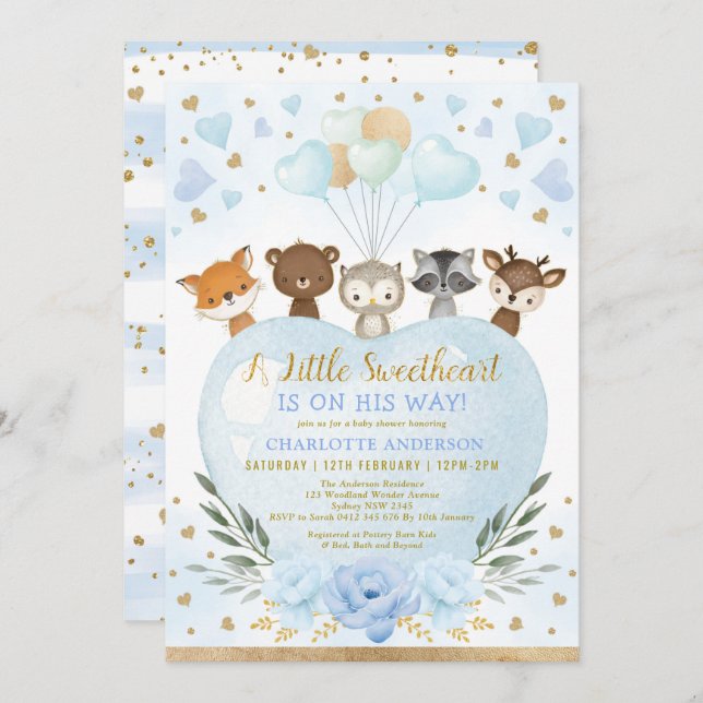 Blue Gold Valentines Sweetheart Baby Boy Shower Invitation (Front/Back)