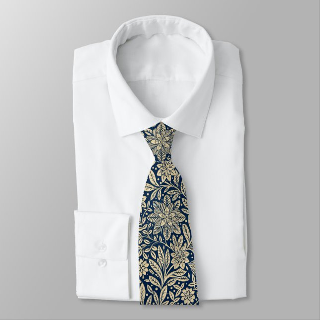 Blue & Gold Vintage Floral Pattern Tie (Tied)