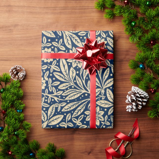Blue & Gold Vintage Floral Pattern Wrapping Paper (Holiday Gift)