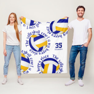 blue gold volleyball court happy place typography fleece blanket