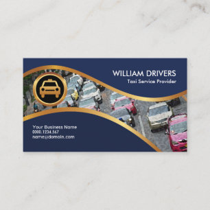 Blue Gold Water Waves Faux Gold Icon Taxi Service Business Card