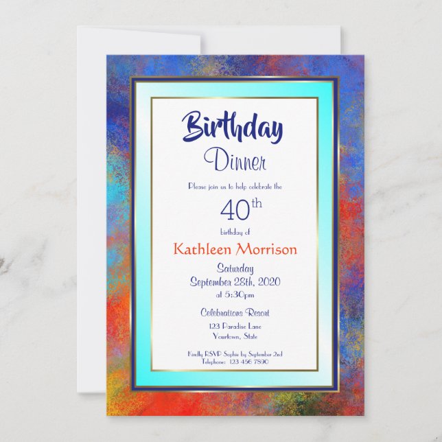 Blue Gold Watercolor 40th Birthday Dinner Invite (Front)
