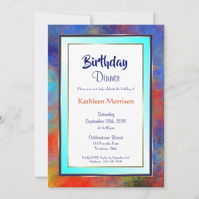 Blue Gold Watercolor Birthday Dinner Invitation (Front)