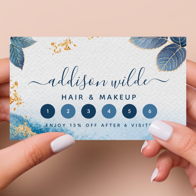 Blue Gold Watercolor Botanical Leaves Abstract Loyalty Card (Creator Uploaded)