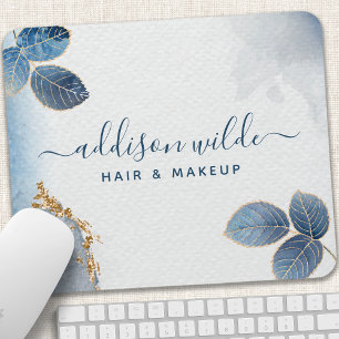 Blue Gold Watercolor Botanical Leaves Abstract Mouse Pad