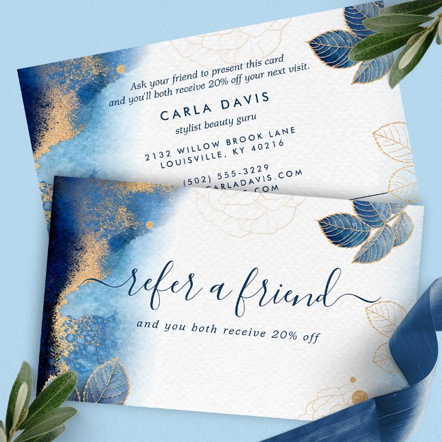 Blue Gold Watercolor Botanical Leaves Abstract Referral Card (Creator Uploaded)