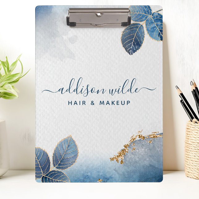 Blue Gold Watercolor Botanical Leaves Business Clipboard (Creator Uploaded)